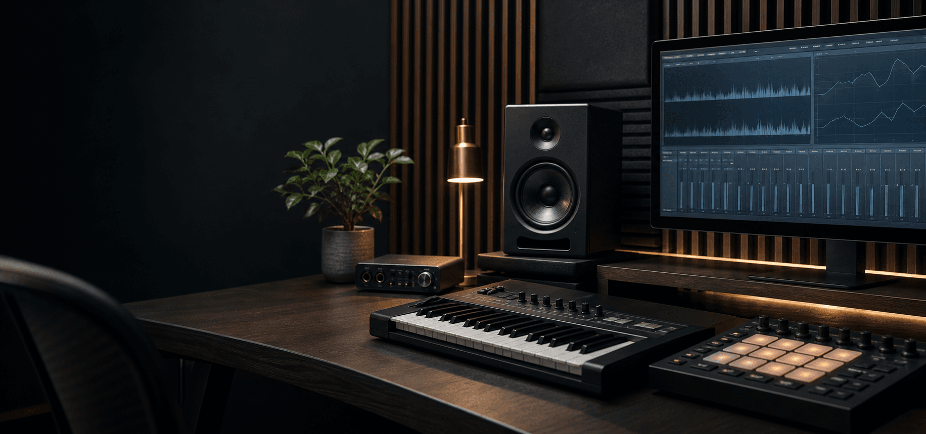 Темна студія з MIDI-клавіатурою, drum pad, монітором і DAW-хвилями